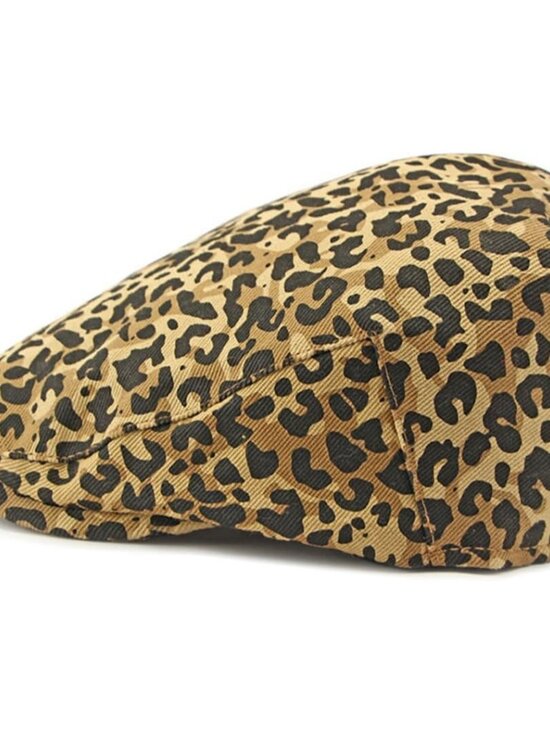 Women's Leopard Print Beret Hat Retro Newsboy Ivy Cap Cabbie Flat Cap Khaki - Picture 4 of 7